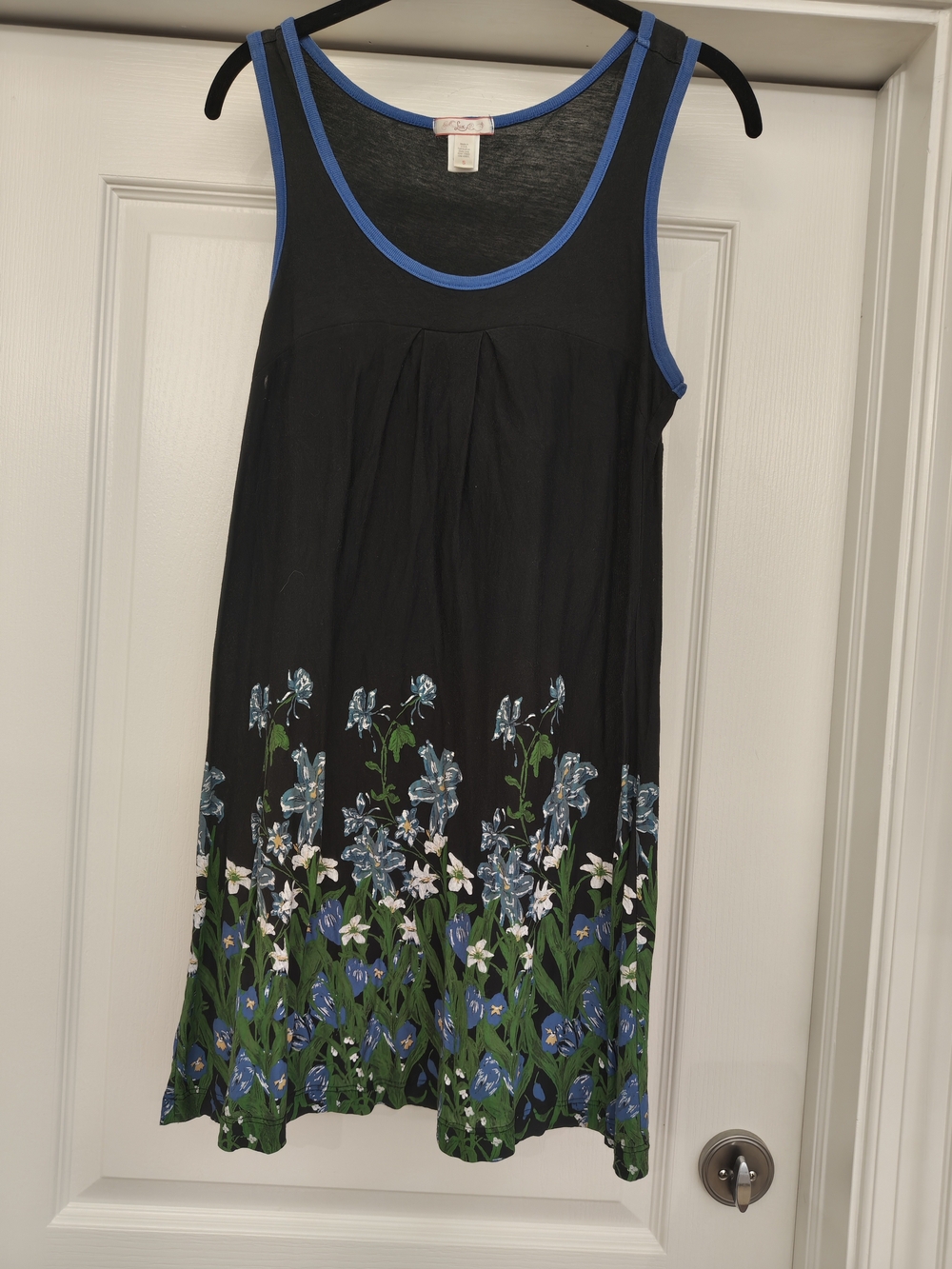 Y2K Lux Black Tank Dress with Blue Trim and Floral Hem